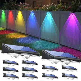 Solar Fence Lights Outdoor Waterproof 8 Lights Modes 12 Pack (RGB) | Warm White & 6 Colors & RGB,IP66 Waterproof,No Elec. Bill,Dusk-to-Dawn Sensor for Fence/Railing/Step/Patio and Pool Areas