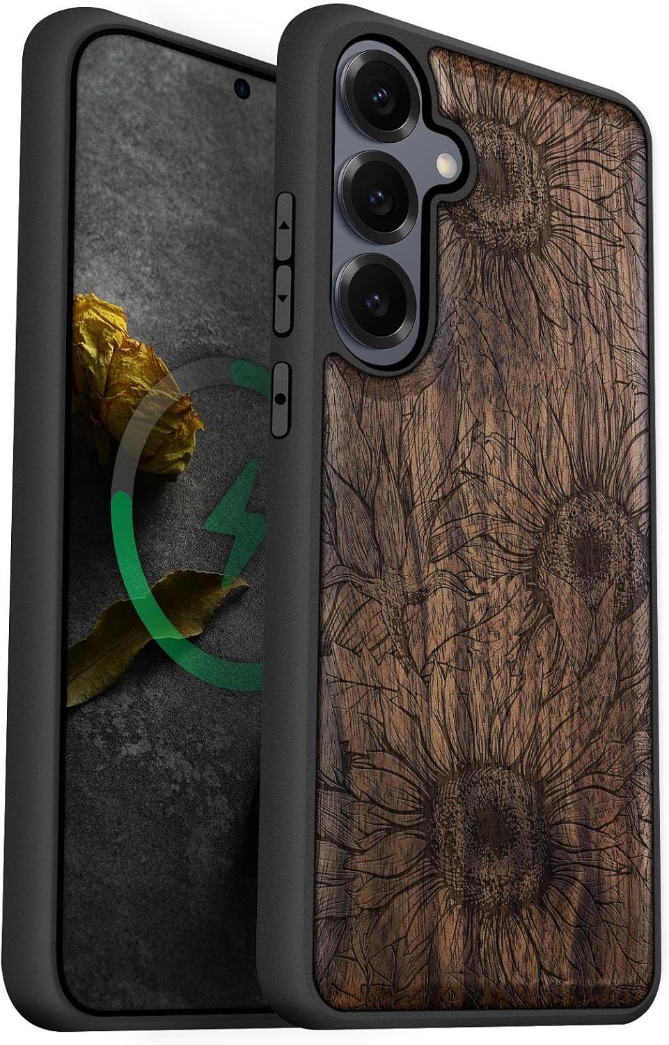 Carveit Magnetic Wooden Case for Galaxy S25+ Samsung S25 Plus Case, TPU Shockproof Cover & Wood Engraved, Compatible with MagSafe Wireless Chargers (The Helianthus Sketch) Walnut