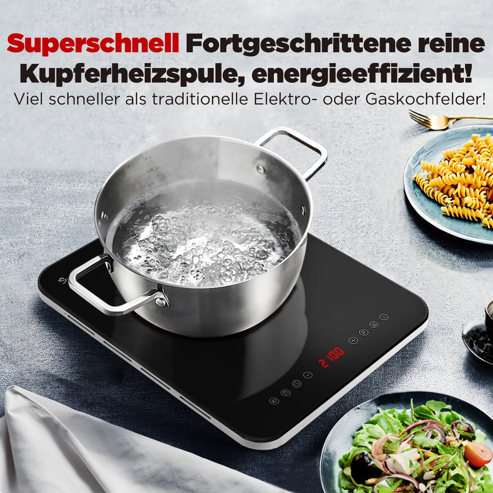 Induktionskochplatte, Induktionskochfeld 1 Platte, 23 mm Ultradünn, Zwei Lüfter, 2100W Induktionsplatte mit Multi-Sicherheitsschutz, 10 Heizstufen, Timer-Funktion, Kindersicherung