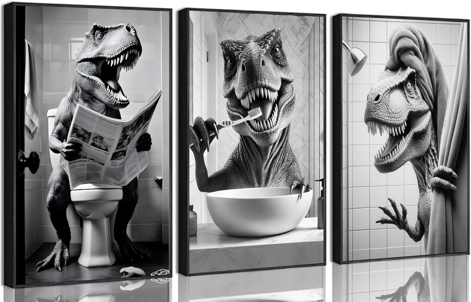 RAQXZHSW 3Pcs Funny Bathroom Dinosaur Canvas Wall Art Dinosaur Sitting on The Toilet Reading The Newspaper Taking A Bath And Brush Teeth Pictures Wall Decor Print Artwork for Toilet Washroom
