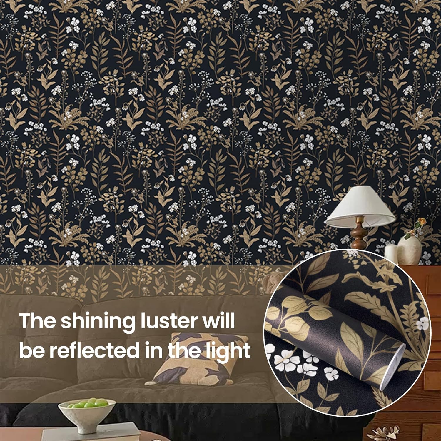 Abyssaly Vintage Floral Wallpaper Peel and Stick Boho, Black and Gold Academic Contact Paper, Self Adhesive Removable Moody Wallpaper for Wall Cabinets 17.7 in X 393.7 in