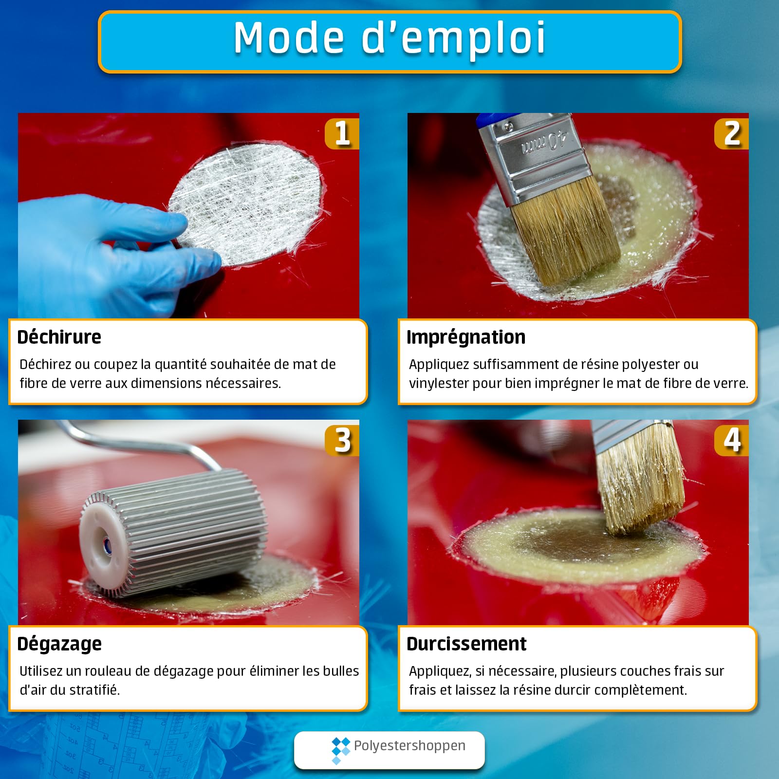 POLYESTERSHOPPEN tapis en fibre de verre, tapis de verre, tissu en fibre de verre/CSM| 5 m² | 450 g/m² |Surtout pour les résines de polyester
