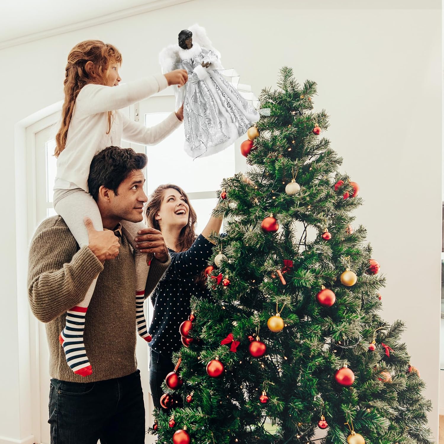 12.2'' Black Angel Christmas Tree Topper with Lights Standing African American Christmas Decorations Black Angel Figurines Treetop for Xmas Home Decor Winter Holiday(White,Cute Style)