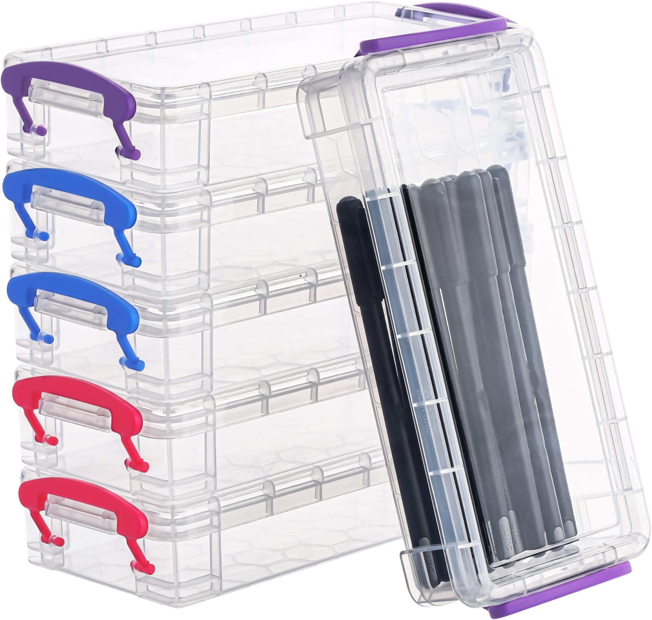 Plastic Pencil Storage Box (6 Pack) - L20.5 x W9.5 x H4.2cm/8.07 x 3.74 x 1.65 Inches - Assorted Colour Stackable Boxes - Organiser Case for Brush Painting Pencils, School & Office Supplies