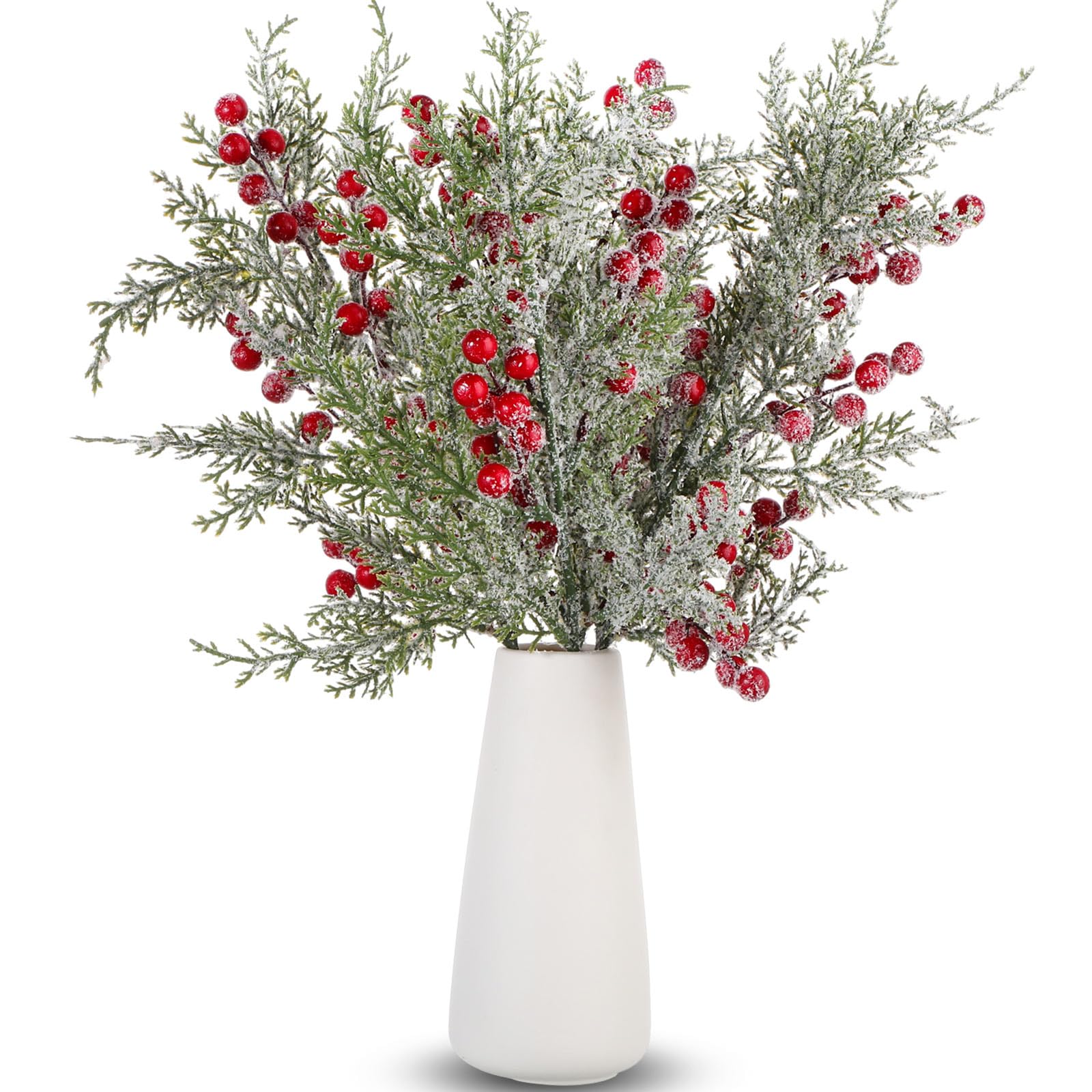 Riceshoot 14 Pcs 15.8" Snowy Cedar Branches Christmas Picks and Sprays Flocked Spray Berries Winter Greenery Stems Artificial Frosted Christmas Decorative for DIY Xmas Garland Wreath(Red)