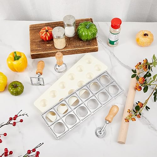 Miniatura 7 de Juego de 5 moldes para ravioles de 12 agujeros, máquina de ravioles, cortador de sellos de raviolis con rodillo de madera, kit de fabricación de