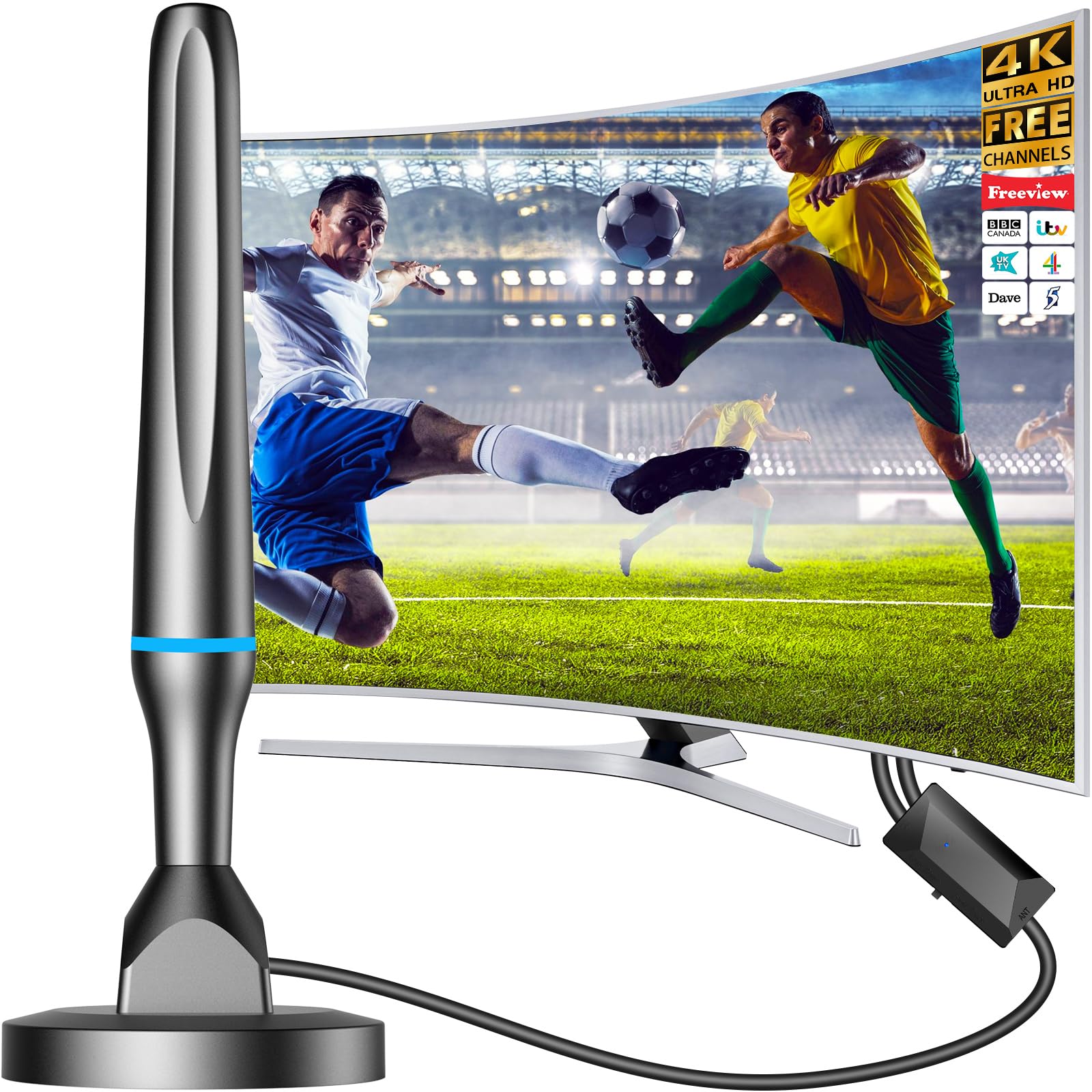 Antenna TV per interni, per canali locali con amplificatore di segnale, ricezione a lungo raggio di oltre 50 km, antenna Freeview per Smart TV, supporta 4K 1080p HD per tutti i televisori, cavo da 3 m