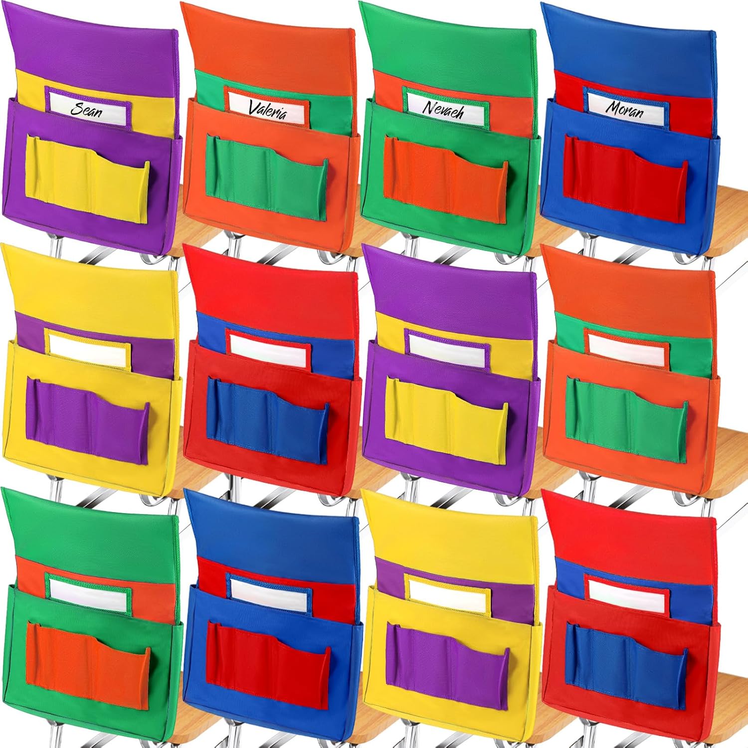 Sadnyy 12 Pcs Large Chair Pockets for Classrooms 16 x 19 Inches Student Chairback Buddy Seat Pocket Chart Classroom Back of Chair Seat Organizer with 6 Pockets, 6 Bright Color(Vivid Color)