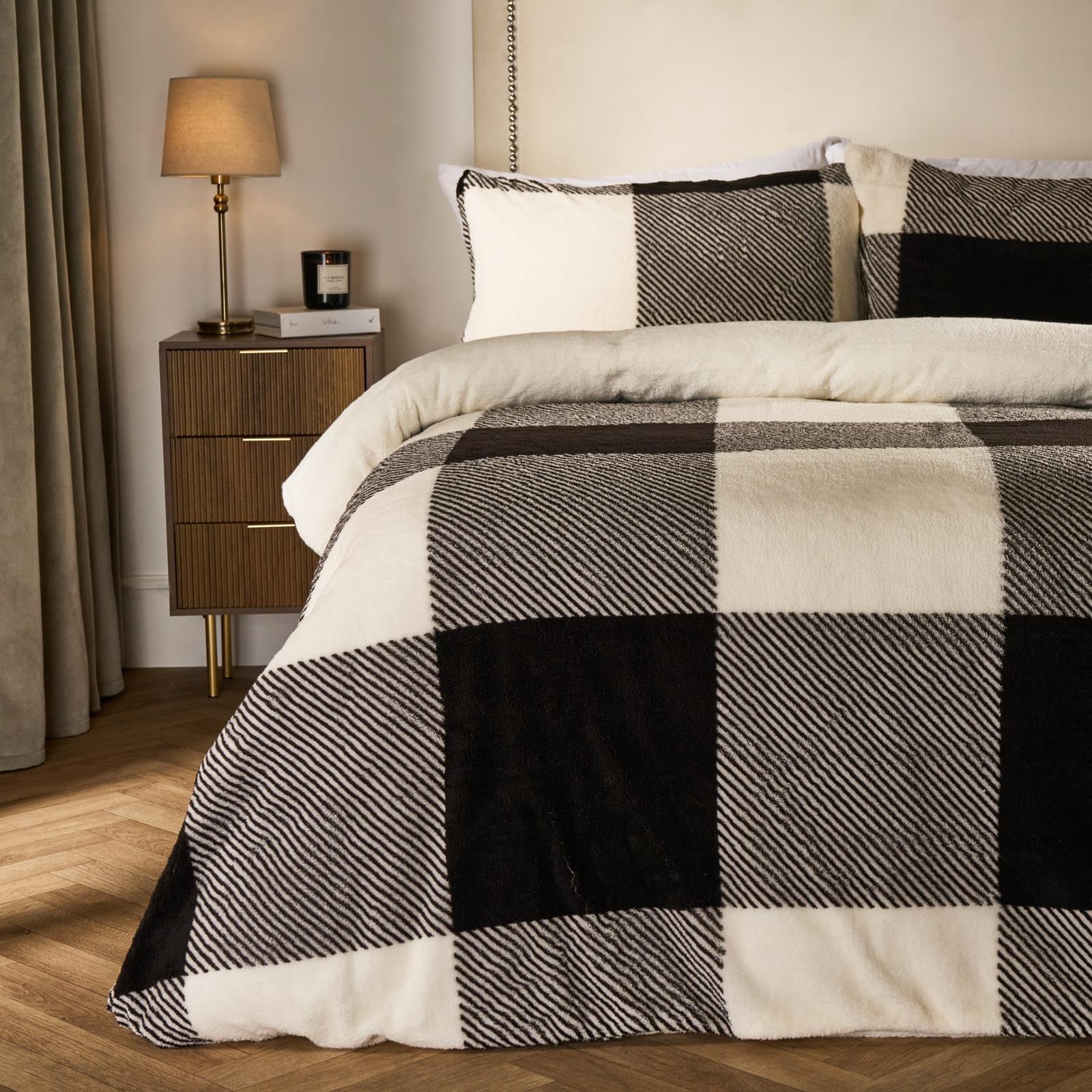 OHS Gingham Teddy King Duvet Cover Pillowcase Quilt Soft Warm Check Fleece Bedding Set from B&Q
