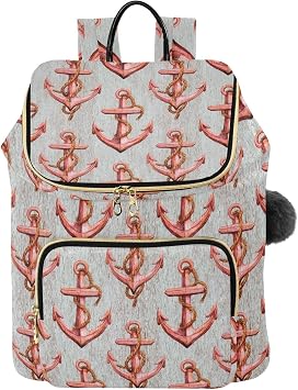 Womens Backpack Anchors Pinks Grey with Luggage Belt and Pad Compartment Large Capacity Multiple Pockets Casual Travel Daypack College Bookbag Fashion Quilted Barrel Bag