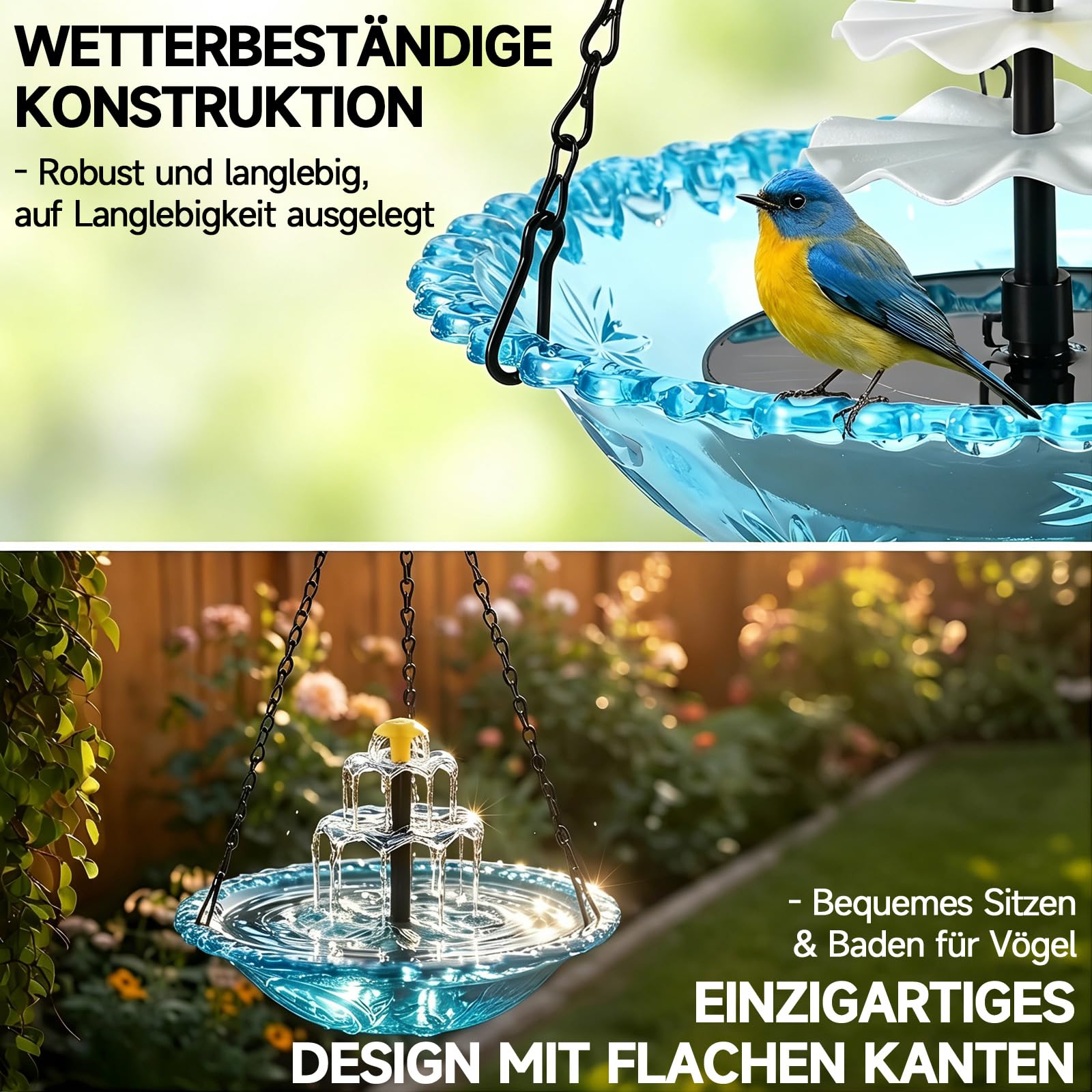 Vogeltränke Hängend, Vogeltränke Hängend mit Solarbrunnen, Vogeltränke mit Springbrunnen Solar, 3 Stufig Vogeltränke zum Aufhängen, Solarbetriebenes Vogelbad Garten für Garten Hof Terrasse Balkon
