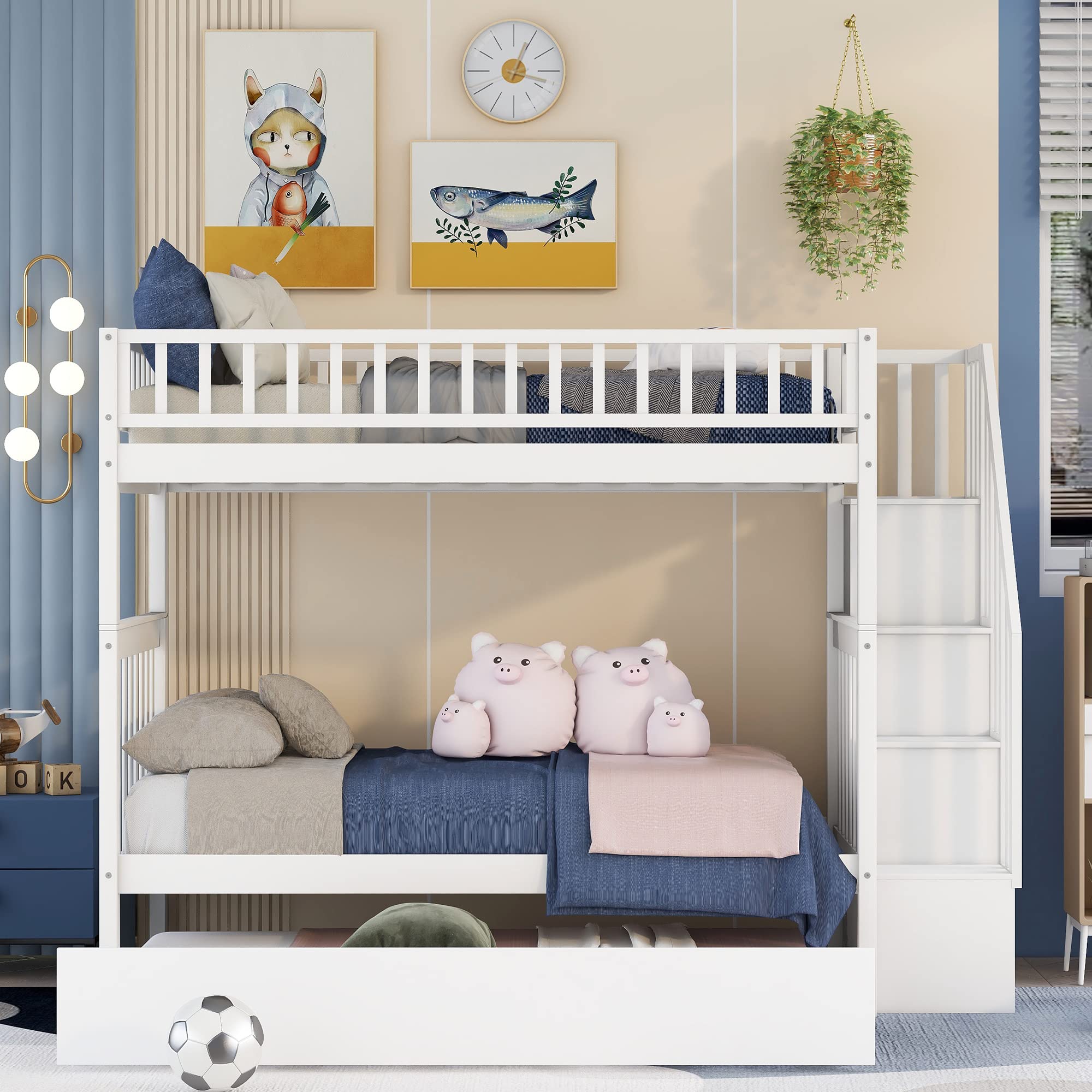 Amazon.com: Harper & Bright Designs Bunk Beds Twin Over Twin Size, Solid  Wood Bunk Beds with Trundle and Stairs for Kids,Toddler,Teens,Adults  (White, Bunk Bed with Trundle) : Home & Kitchen