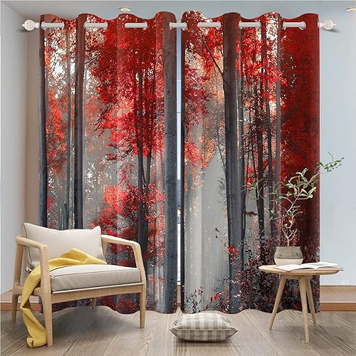 Miniatura 2 de Renaiss Cortinas opacas de bosque rojo, diseño de bosque negro brumoso, hojas rojas, cortinas de dormitorio de naturaleza misteriosa para sala de
