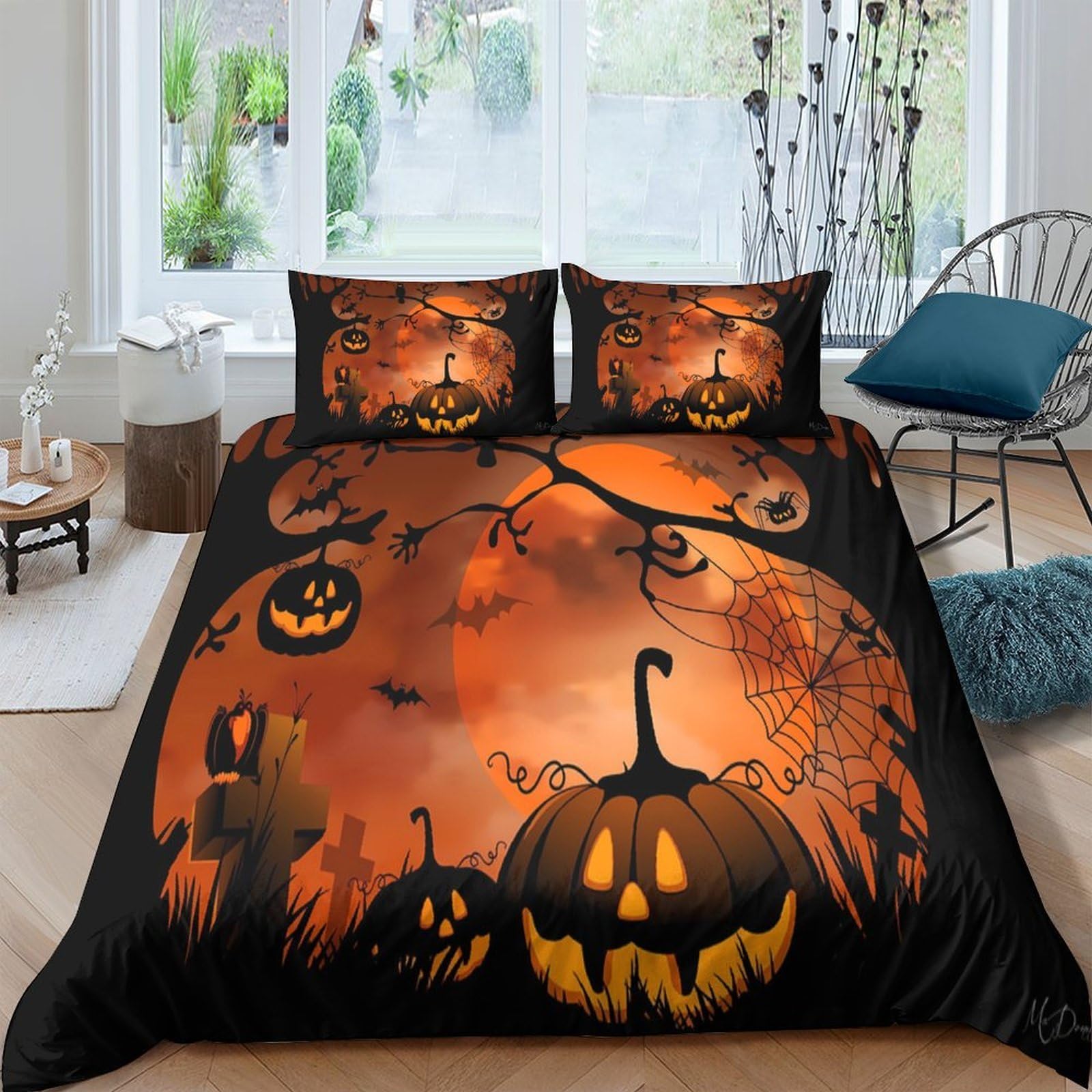 Ctjqhvkz Style-3 3D Printed Halloween Pumpkin Fitted Sheet Microfiber Orange Black Moon Bed Cover For Bedroom Dorm Mattress Protection Decor Single（135X200cm）
