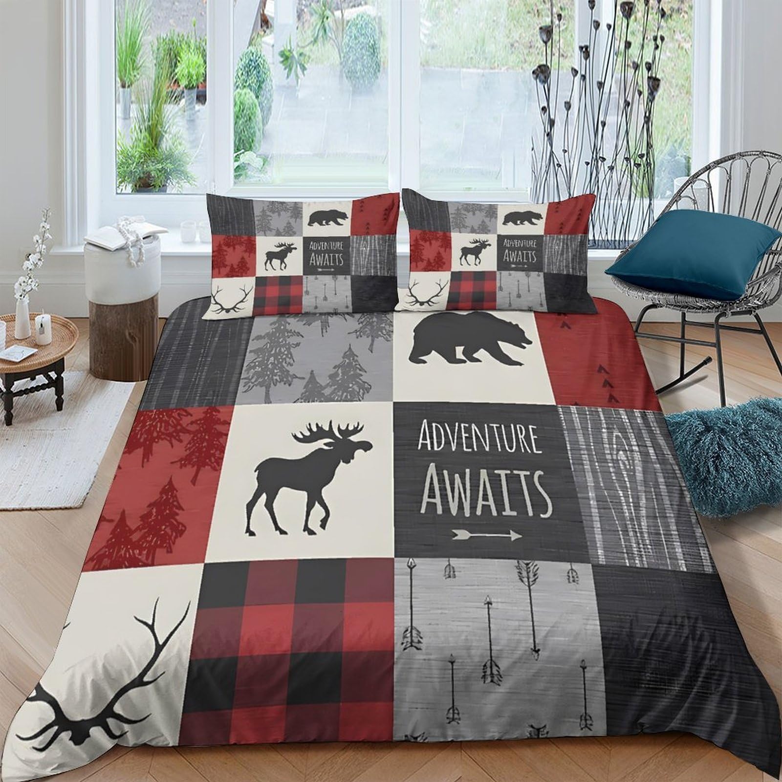 Ctjqhvkz Style-9 3D Printed Plaid Moose Fitted Sheet Microfiber Red Black Forest Mattress Cover For Bedroom Dorm Decorative Protection Single（135X200cm）