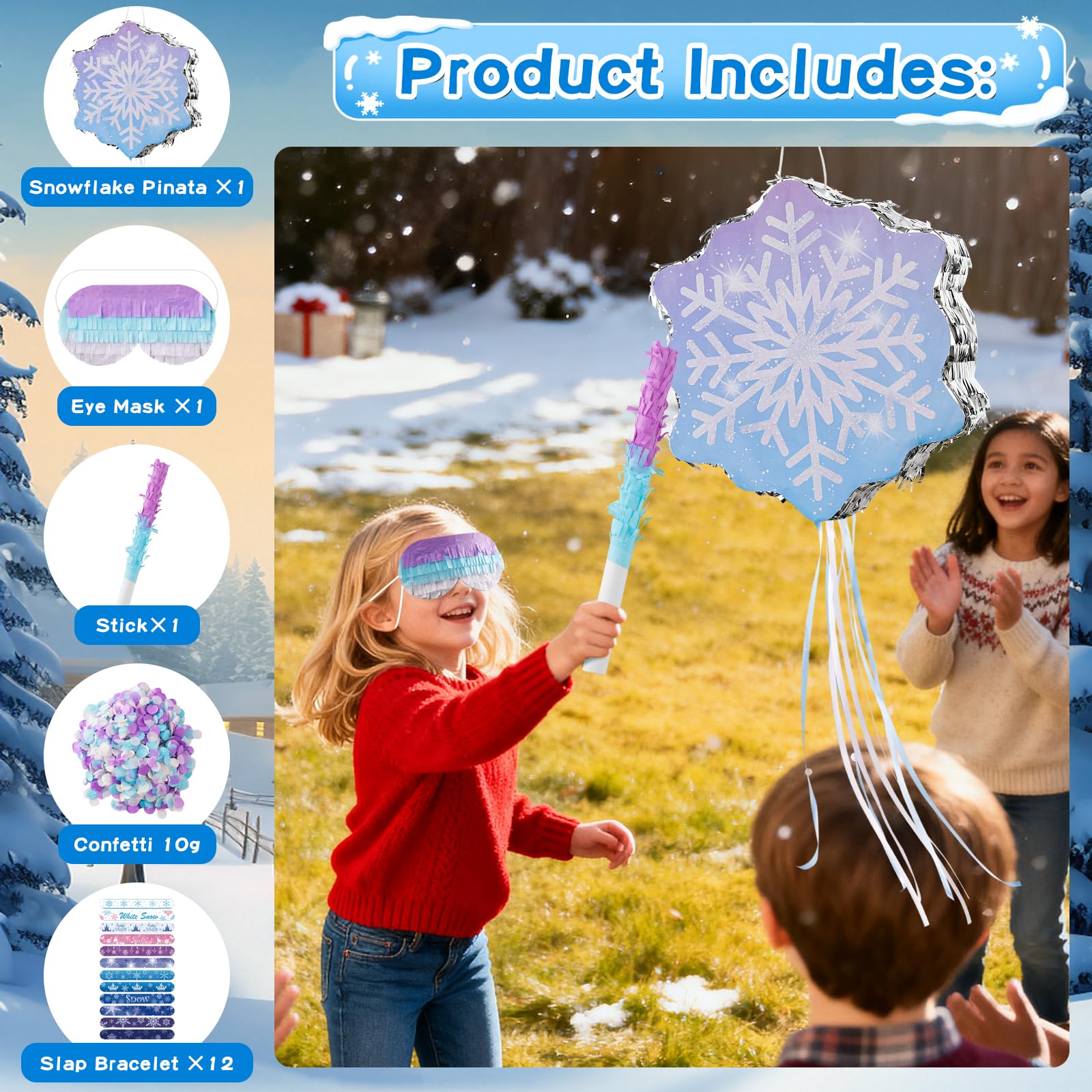 WINTS Snowflake Pinata,Winter Piñata with Blindfold Perfect for Frozen Birthday Party,Winter Snowflake Party Decorations(14.76 × 12.99× 3.15in)