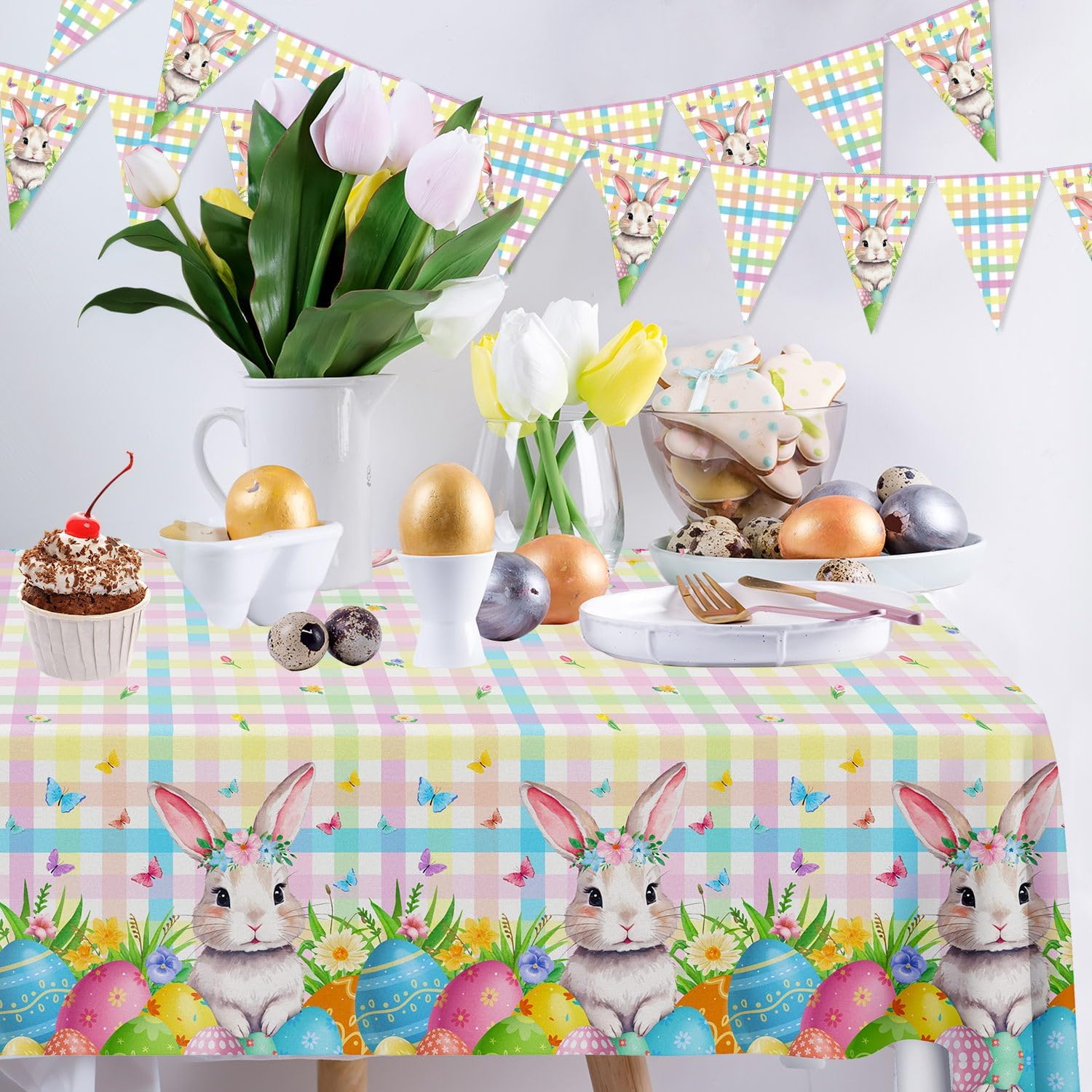 4PCS Easter Party Pack Bunny Tablecloth Spring Flowers Rabbit Party Decor Buffalo Plaid Checkered Banner Table Covers for Spring Easter Eggs Birthday Bachelorette Engagement Theme Picnic Party