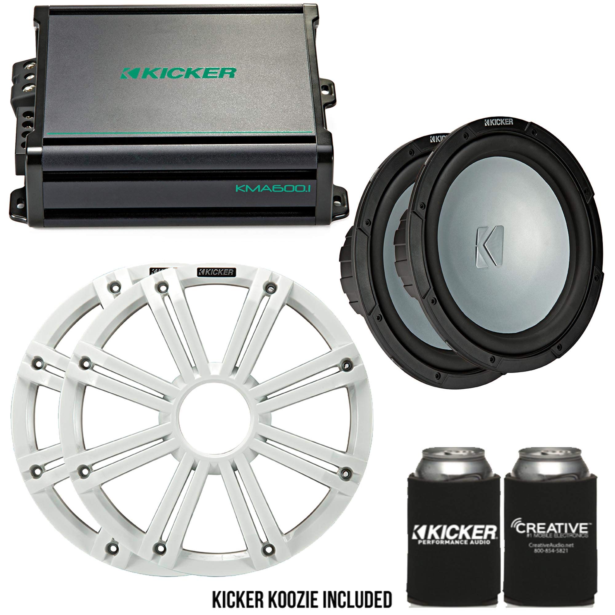 Kicker - Two 12 Inch LED Marine Subwoofers in White, 1 Pair with 600 Watt Amplifier Bundle