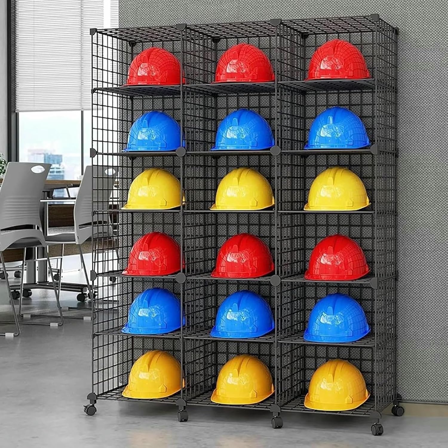 Stackable Safety Helmet Storage Boxes with Wheels, Large Adjustable Hard Hat Placement Organizer Rack, Floor-Standing Hardhat Stand for Construction Site/Workshop