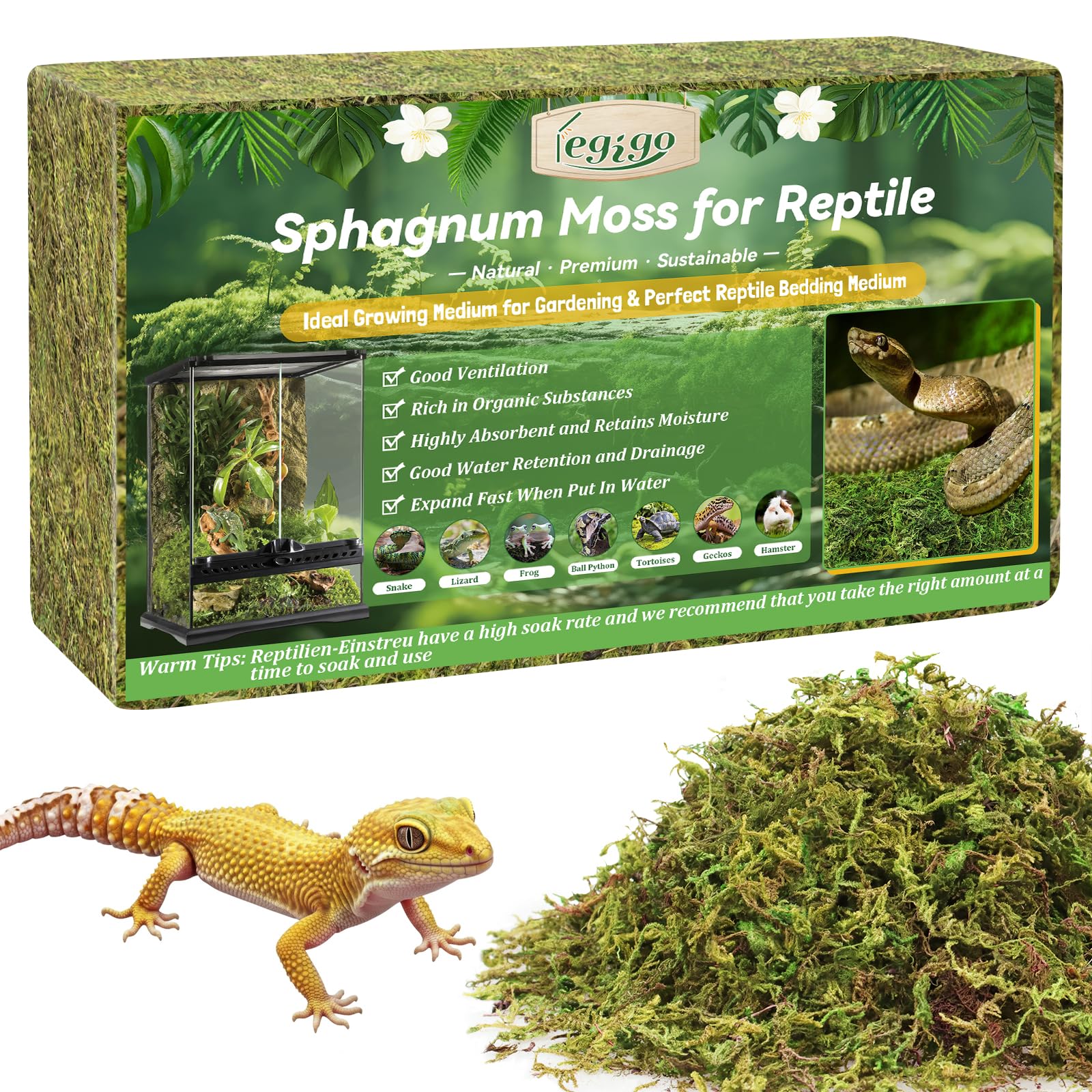 Legigo 600g Sphagnum Moss for Reptile- 24 L Natural Reptile Moss Terrarium Moss Substrate, Snake Tank Moss Peat Moss Reptile Bedding for Snake, Gecko, Ball Python, Frog and Orchids Plants