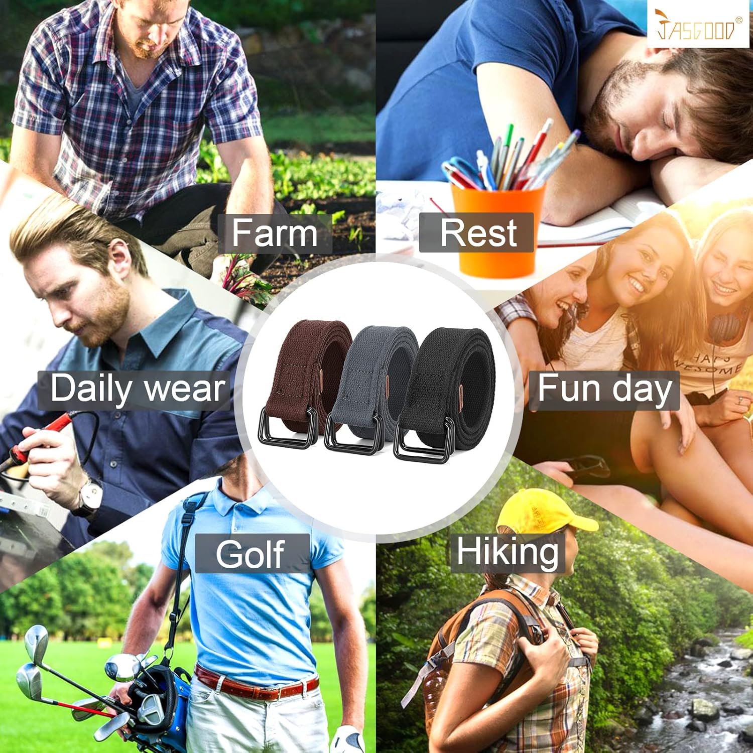 JASGOOD Men Canvas Fabric Belts Casual Web Cloth Belts with Black Double Ring Buckle 2 Pack - Image 6