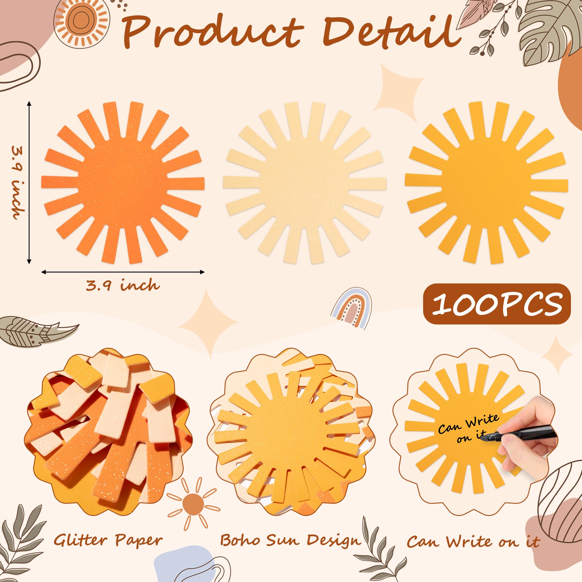 100pcs Glitter Boho Sun Cutouts First Trip Around The Sun Bulletin Board Boho Sun Shape Paper Cuts Party Decorations for Groovy Retro Party Birthday Baby Shower Classroom Wall Decor Favor Supplies