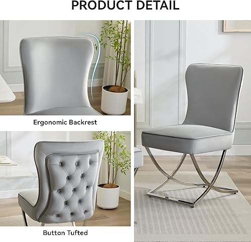 Miniatura 3 de Sillas de comedor de terciopelo de lujo, sillas de comedor tapizadas sin brazos con patas en X de metal plateado, juego de 2 sillas de comedor