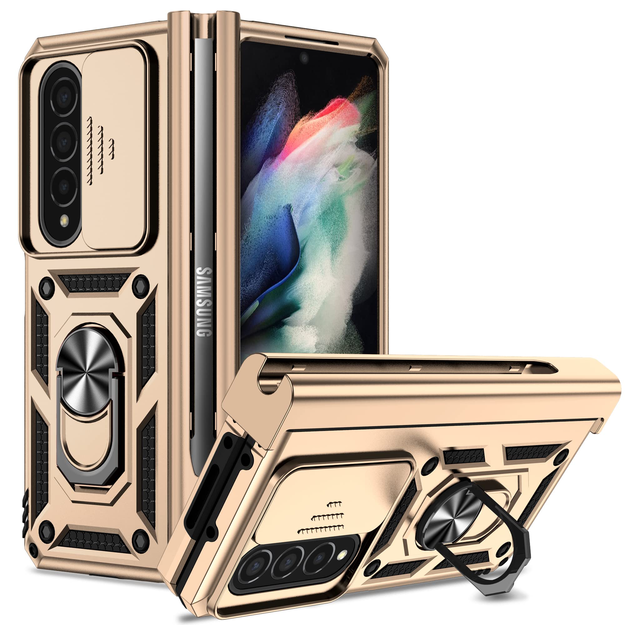 Asuwish Phone Case for Samsung Galaxy Z Fold 4 5G 2022 with Slide Camera Cover Ring Holder Stand Rugged Slim Military Grade Hybrid Cell Protective