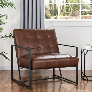 Glitzhome Mid Century Modern Accent Chair, Modern Living Room Chairs with Durable Metal Frame,PU Leather Cushioned, Reading Armchairs for Living Room, Home Office, Brown