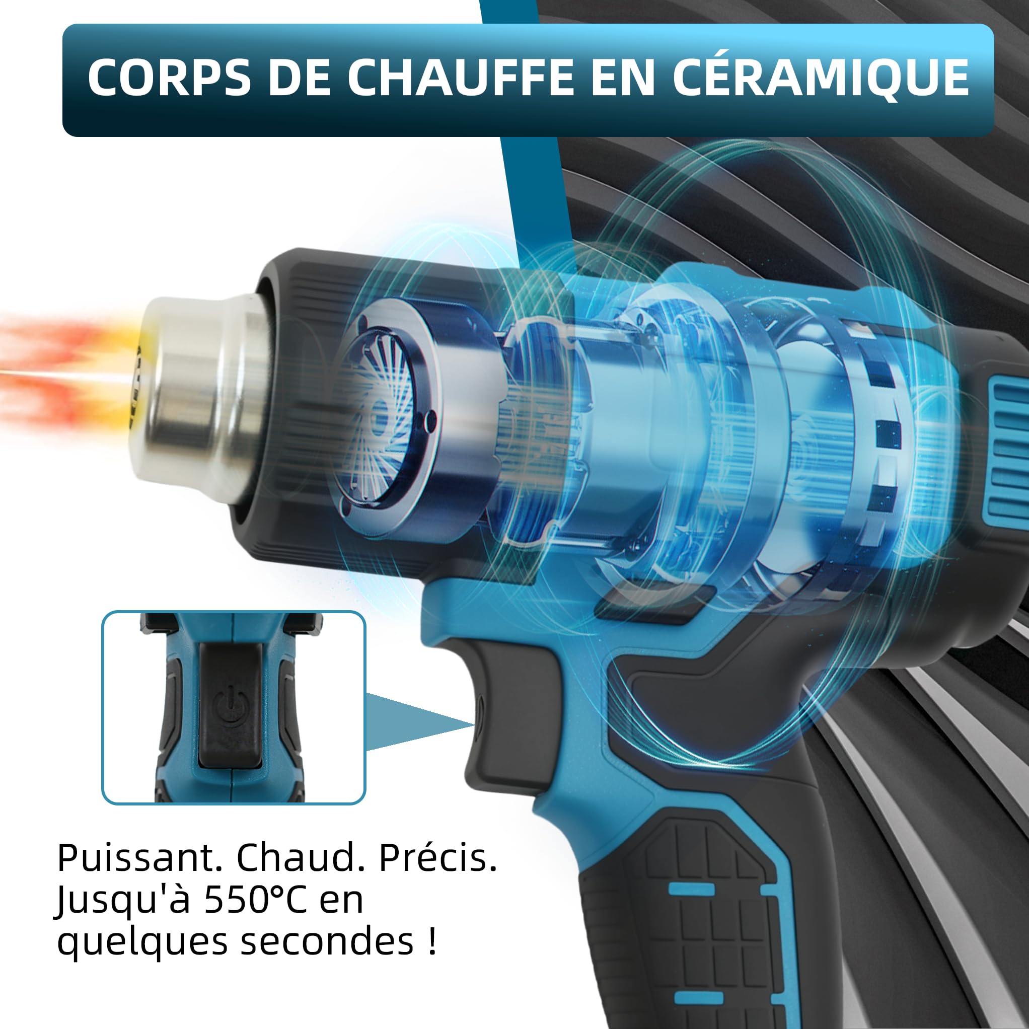 Pistolet à air chaud sans fil 350 W - Compatible avec batterie Ma-kita 18 V - Décapeur thermique 86-1022 ℉ pour le bricolage, avec 3 buses et grattoir, sans batterie