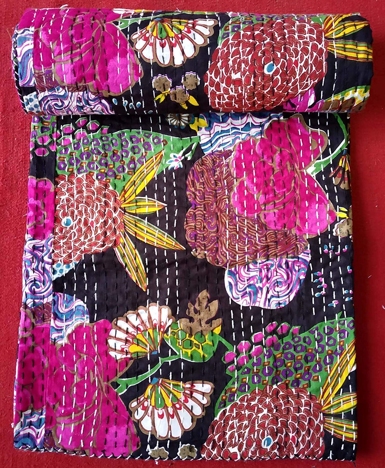 Creations Creations Traditional Ethnic Kantha Indian Bedding Single Emerald Cotton Tropical Fruit Hand Stitched Bedding Bed Cover Creations Creations(90x60 Inch)-image-8