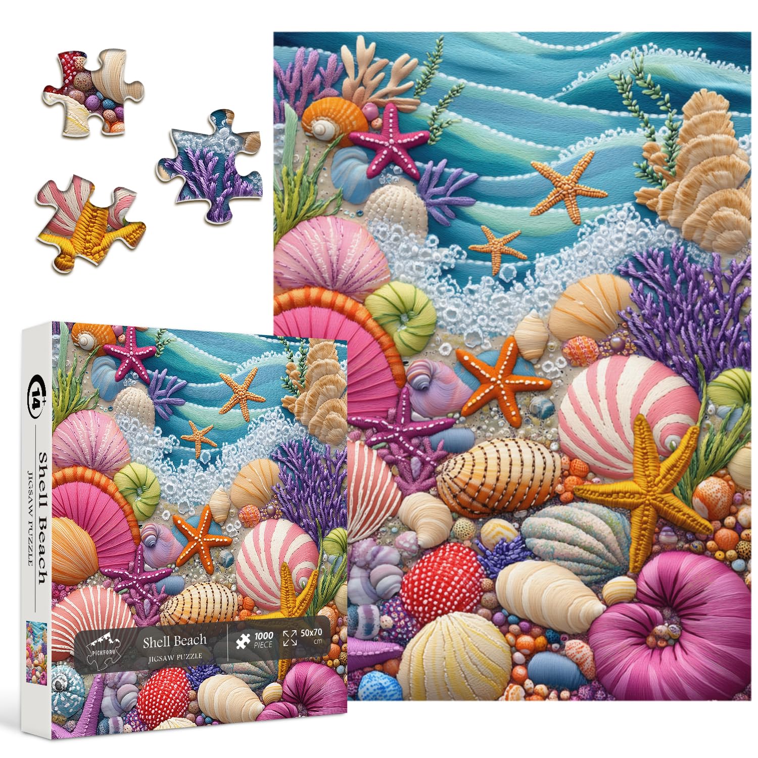 PICKFORU Beach Puzzles for Adults 1000 Pieces, Colorful Seashells Puzzle Sea Coral Starfish，Impossible Ocean Jigsaw Puzzles as Home Art