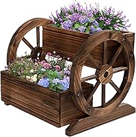 OIPRTGFJ Wooden Wagon Planter Box with Wheels - Rustic Garden Cart for Flowers, Herbs, Vegetables | Indoor Outdoor Patio Decor