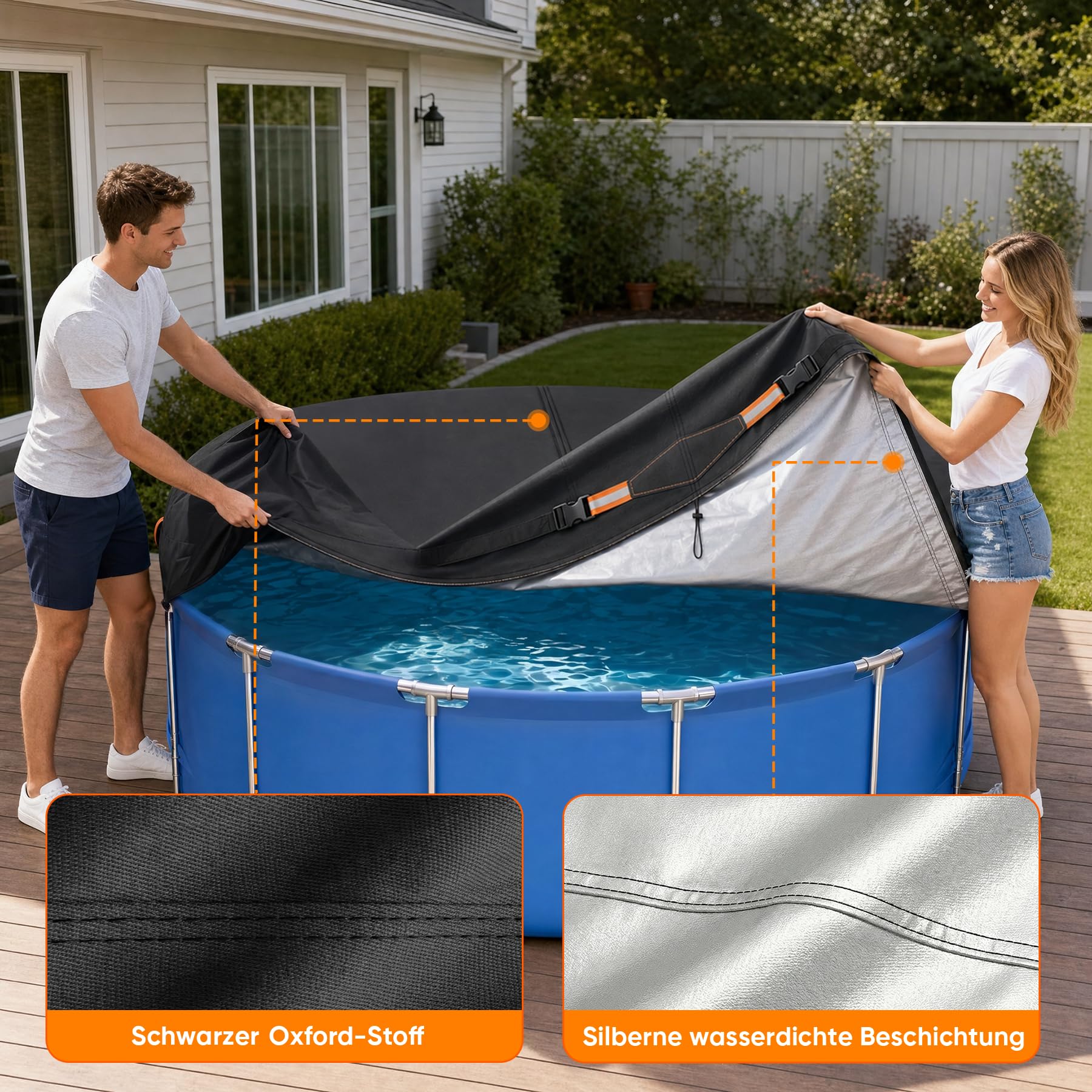 Poolabdeckung Rund, Sommer-Poolplane aus hochwertigem Oxford-Gewebe für runden Aufstellpool, mit Steckschnallen & Kordelzug, Ø 305cm (10FT)