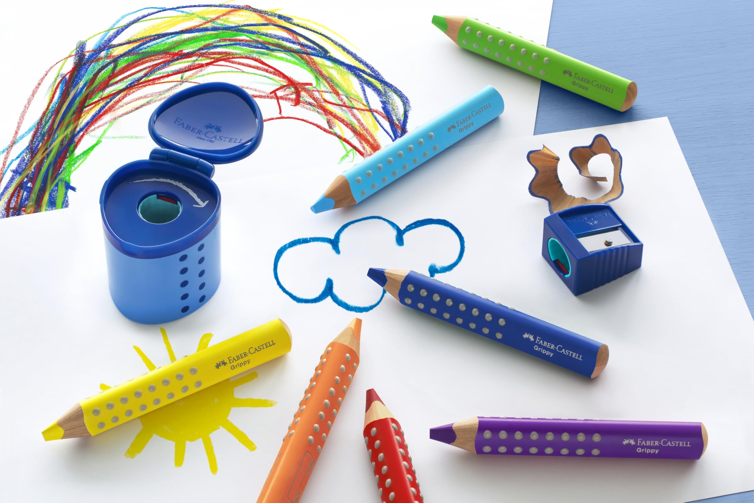 FABER-CASTELL 110645 Grippy zestaw 16 kredek Jumbo dla małych dzieci, łatwe do zmywania kredki dla dzieci, ergonomiczny trójkątny kształt, grube kredki, wkład o grubości 10 mm, temperówka w zestawie