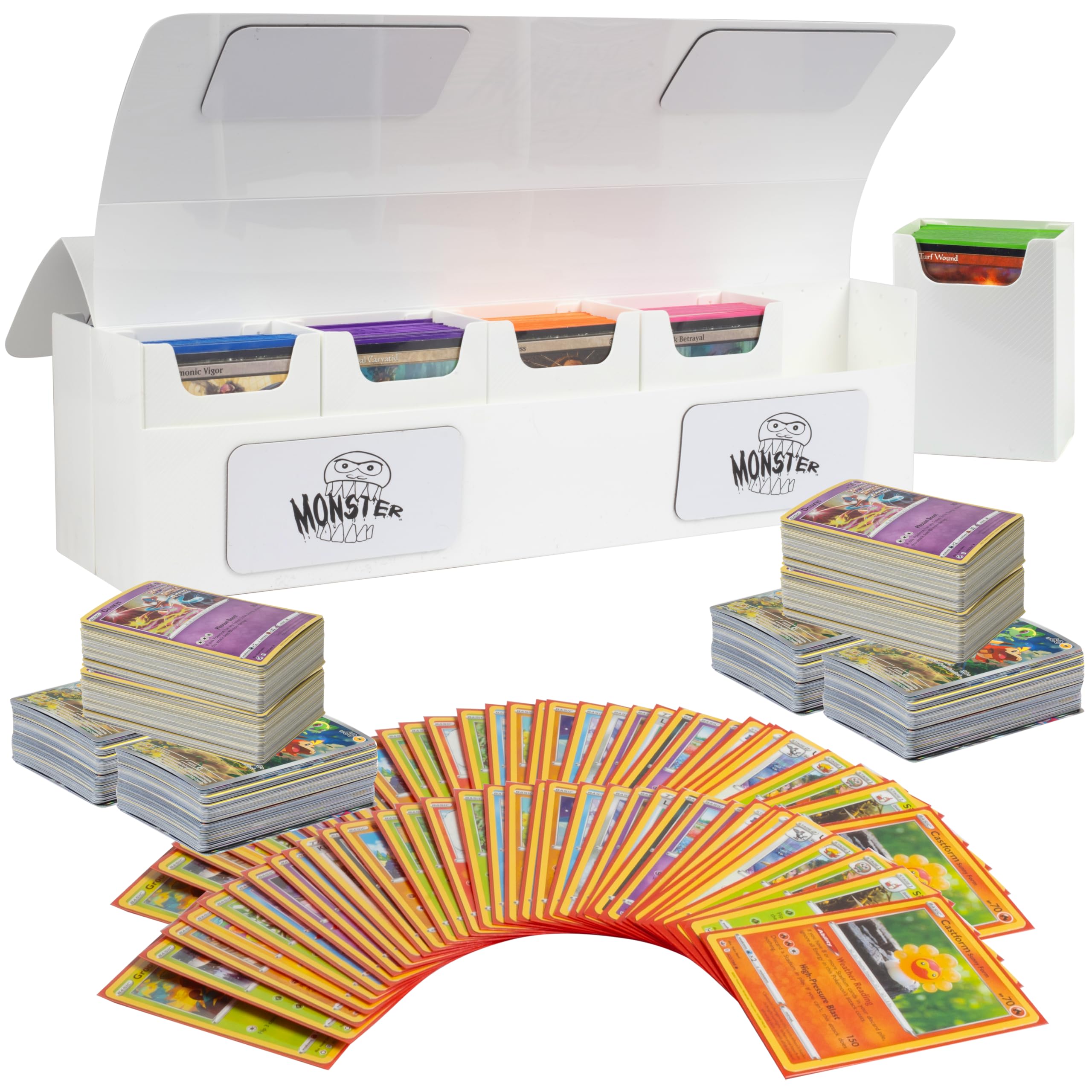 Monster Protectors Magnetic Deca Deck Box - White, Holds 800 Gaming TCGs, Self-locking Closure, Compatible w Standard & Smaller Size Gaming Trading Cards, Removable Construction, Gift