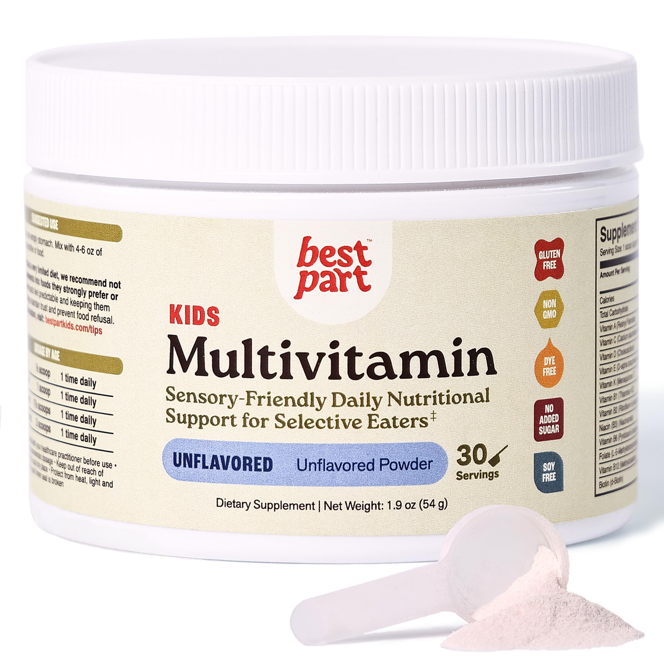 BEST PART Kids Multivitamin Powder, Unflavored, Ages 3+, Iron-Free | Thoughtfully formulated for selective eaters with active nutrient forms. No added sugar. Easy to mix. 30 servings