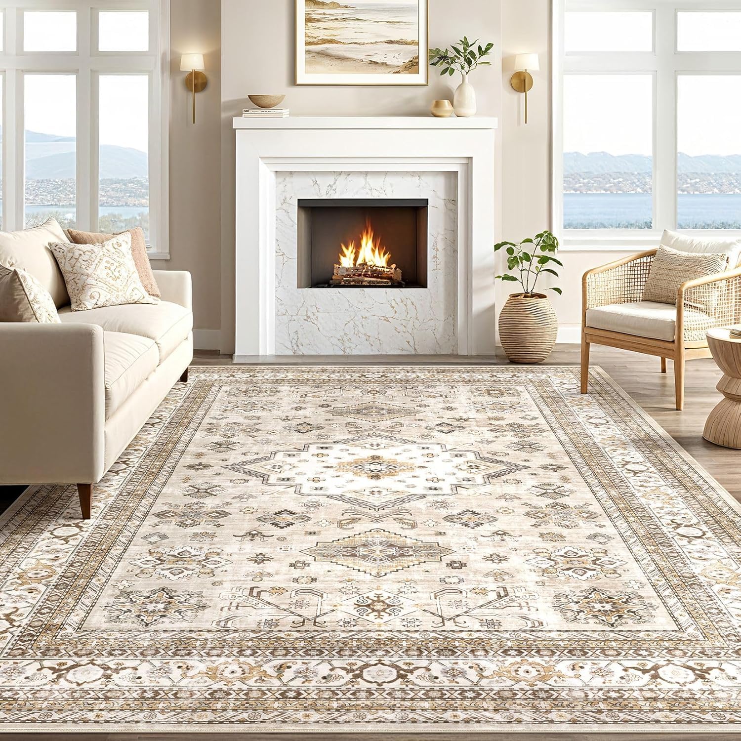 Tapis de zone de salon beige et marron pour un intérieur cocooning