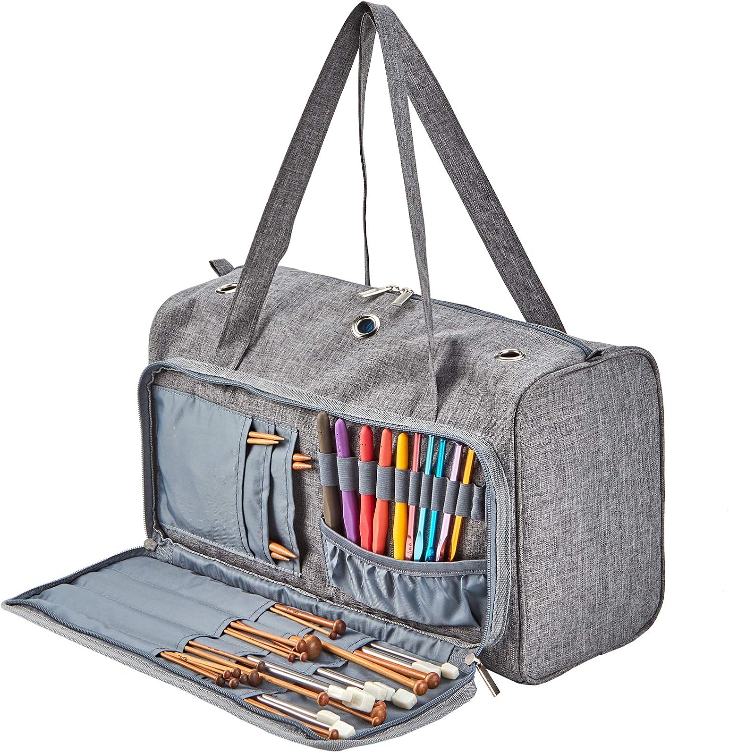 HOMEST Portable Knitting Tote Bag, Yarn Storage Organizer for Yarn and Knitting Needles, Crochet Hooks and Other Accessories, with 3 Oversized Grommets, Grey