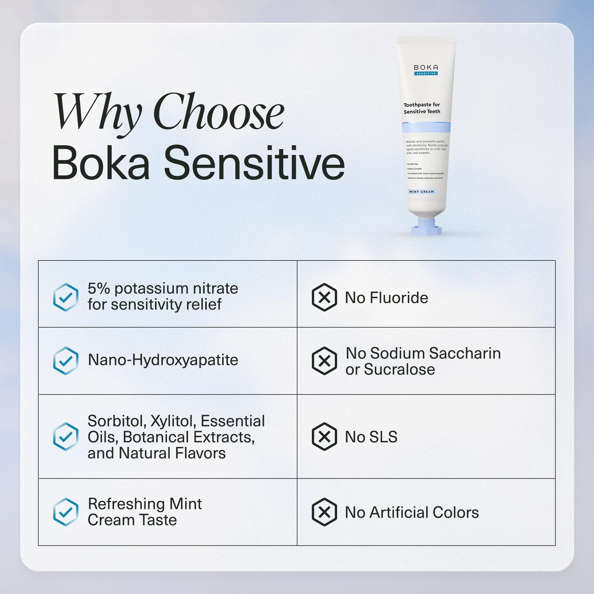 Boka Sensitive Toothpaste - Sensitive Teeth Relief, Fluoride Free, Nano Hydroxyapatite, Potassium Nitrate for Tooth Sensitivity and Protection for Adults - Mint Coconut Cream, 4 Fl Oz, 1 Pk