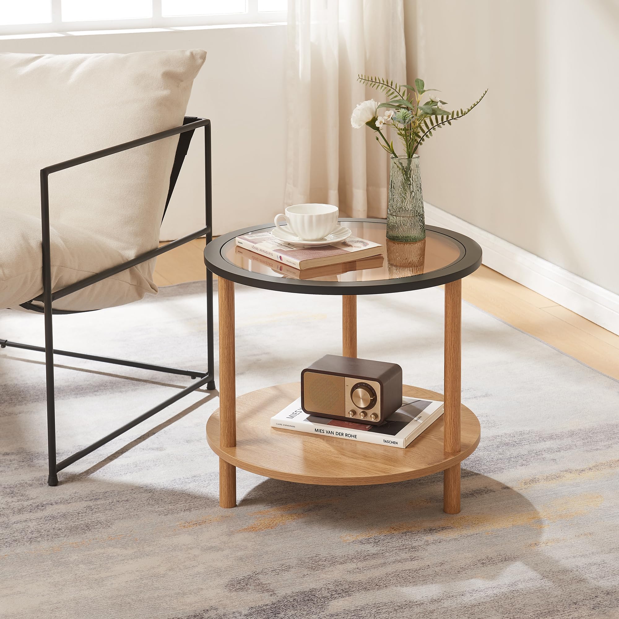 [en.casa] Table d'Appoint avec Plateau Rond en Verre Trempé de 6 mm Tablette Inférieur Bout de Canapé Table Basse Guéridon MDF Bambou 51 x 45 cm Bronze Noir Naturel