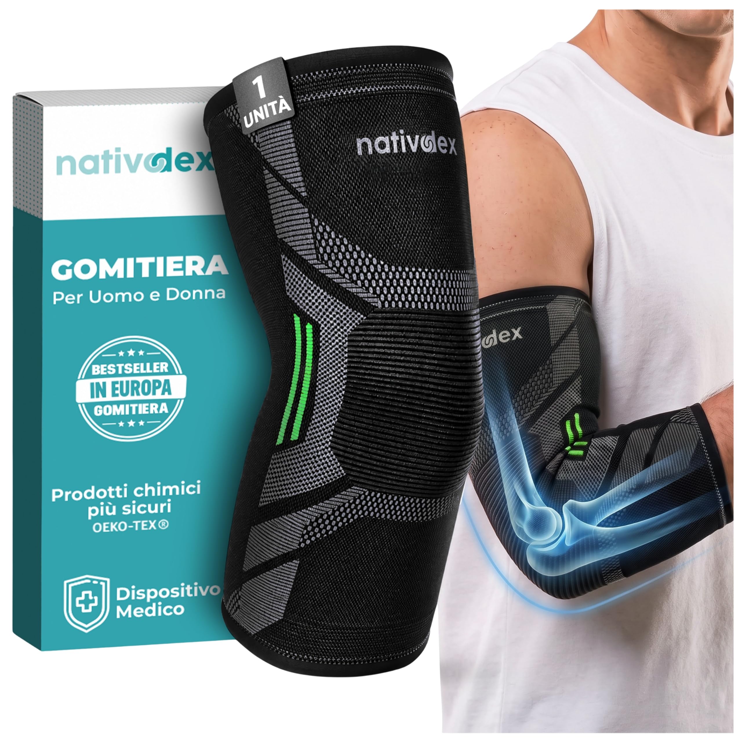 NativoDex Tutore Epicondilite Gomito, Gomitiera per Tendinite | Compressione Elastica · Per Epitrocleite e Tendinite al Gomito · Traspirante e Antiscivolo