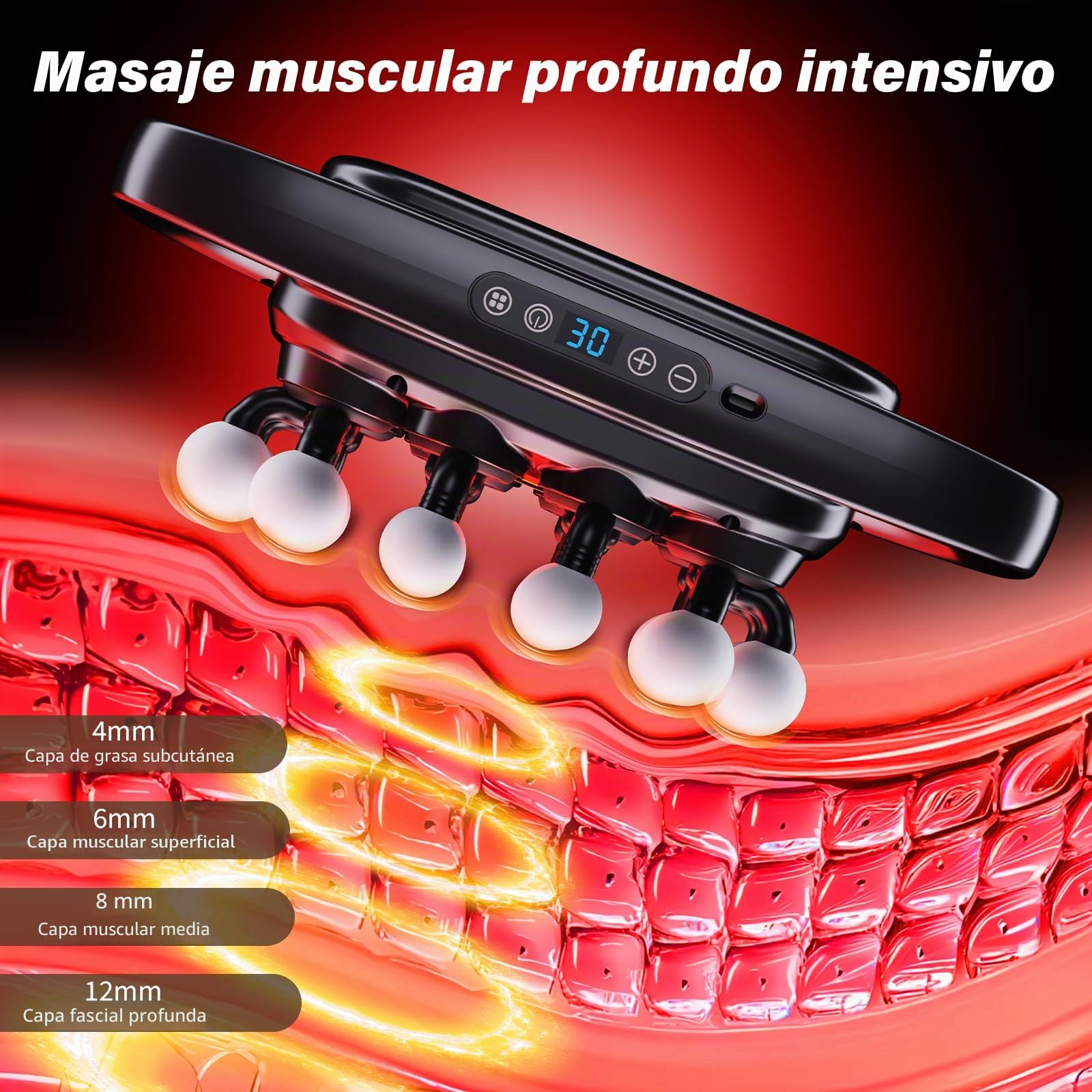 Pistola de Masaje con 20 Cabezales | 3 modos, 30 intensidades, masajeador eléctrico para espalda, piernas y relajación muscular diaria