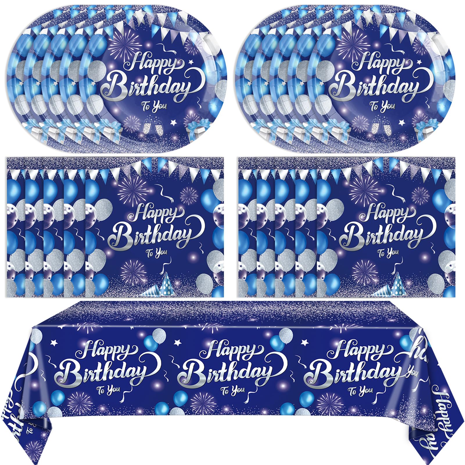 41 piezas de decoraciones de feliz cumpleaños azul marino para hombres y mujeres, platos y servilletas de feliz cumpleaños, suministros de fiesta para 20 invitados, mantel azul de feliz cumpleaños