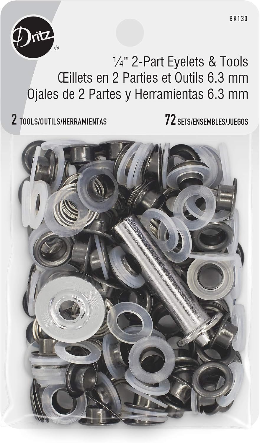 Dritz 1/4" Large Eyelets with Tool – 144 Sets, Nickel Finish - Metal Eyelet Kit for Fabric, Leather, Drawstrings, Bags & Craft Projects