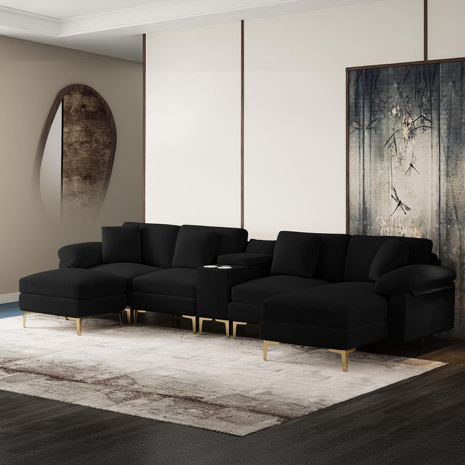 OUYESSIR U-Shaped Sectional Sofa Couch, 4 Seat Sofa Set for Living Room, Convertible U-Shaped Velvet Couch Set with USB Port Central Console Ottoman,128 inches (Black)