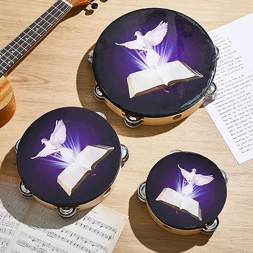 Miniatura 5 de Boao Paquete de 6 panderetas de doble fila para adultos de 6, 8, 10 pulgadas, paloma, campanas de mano, jingles de doble fila, música, percusión,