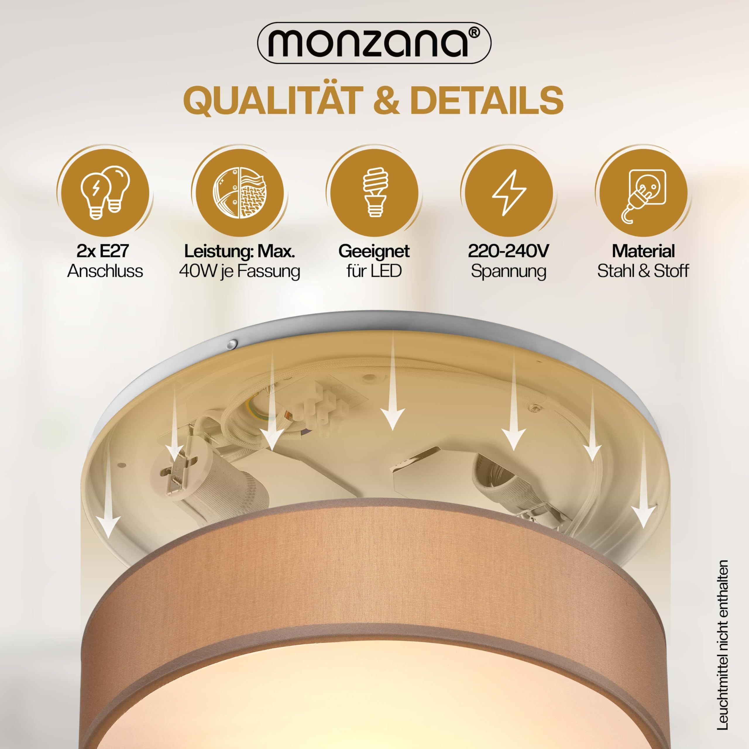 Monzana® Deckenlampe Stoff Wohnzimmer Schlafzimmer E27 Taupe 38cm Rund 2-Flammig 40W Lampe Flur Küche Deckenstrahler Deckenleuchte Stoffdeckenlampe