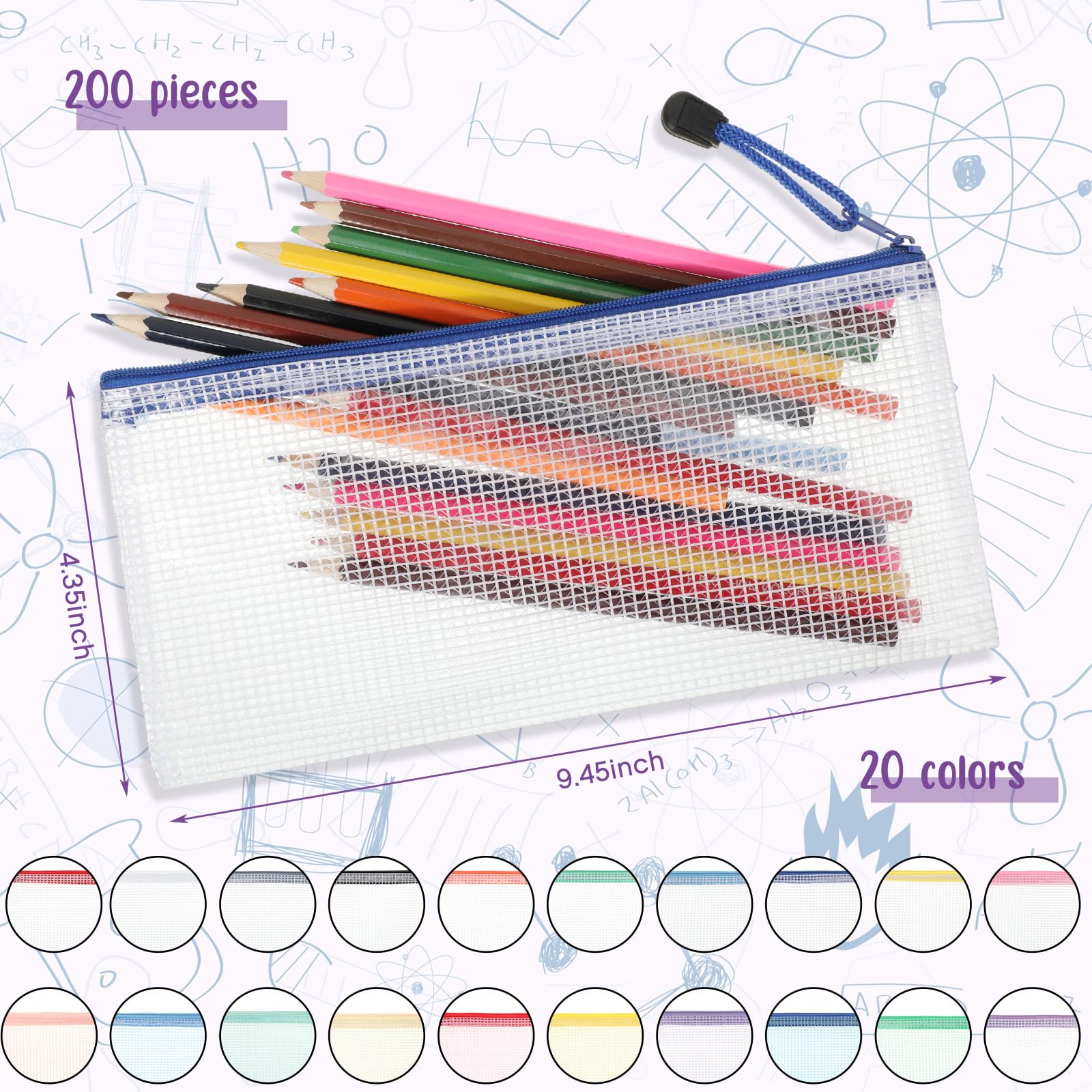 200 sacchetti in rete con cerniera, formato A6, sacchetti in rete con cerniera, impermeabili, piccole borse con cerniera, per scuola, ufficio, organizzazione, 24 x 11 cm (colori diversi)