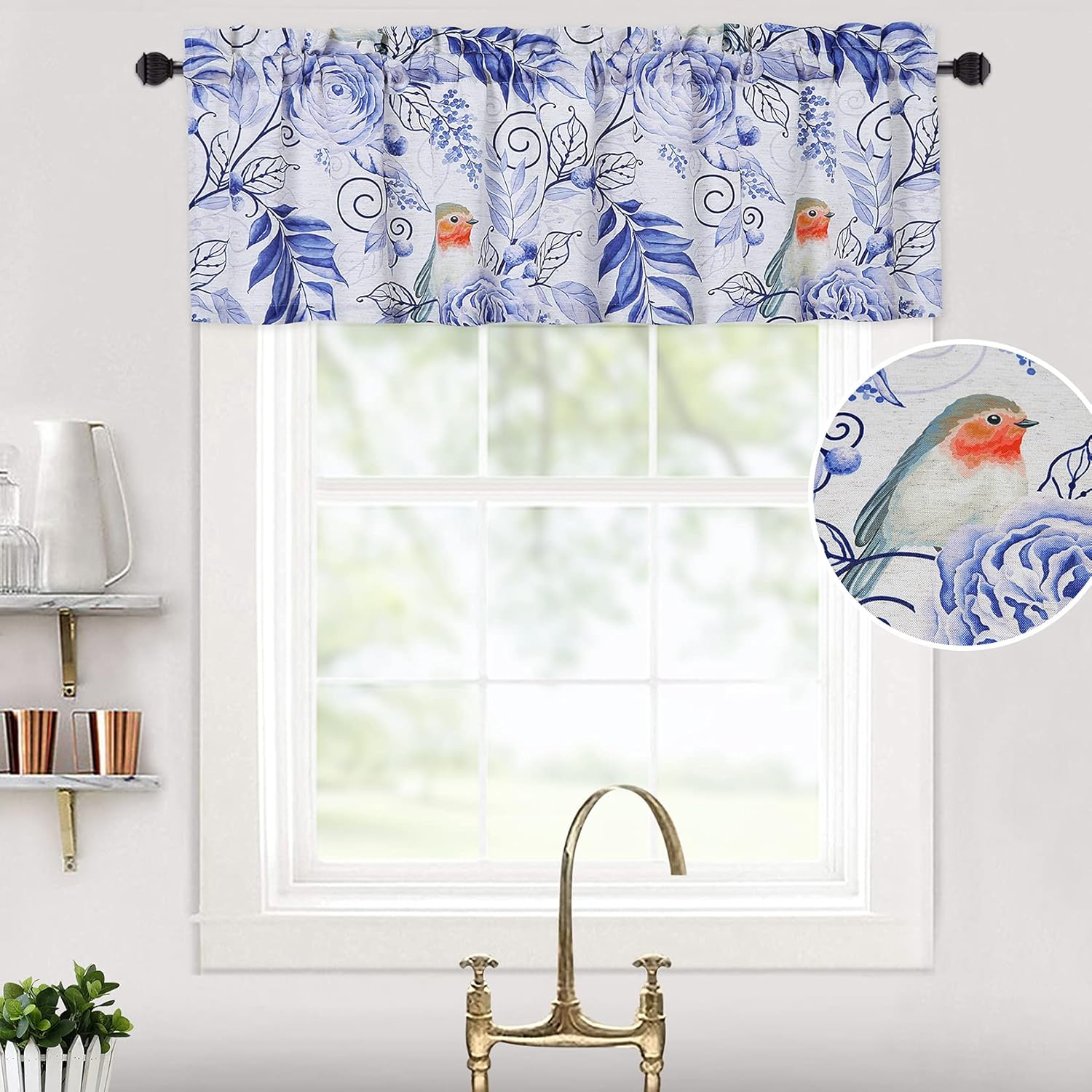 CAROMIO Valance Curtain for Window Blue, Kitchen Curtains Valances Floral Linen